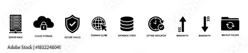 A hosting icon set with visuals for servers, cloud storage, bandwidth, and secure data management.