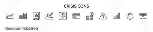 A crisis impact icon set with visuals for financial loss, volatility, risk alerts, and emergency signals.