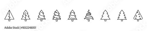 A festive tree icon set with stylized Christmas designs, ornaments, garlands, and abstract patterns.