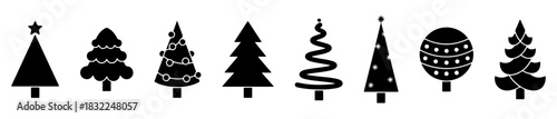 A festive tree icon set with stylized Christmas designs, ornaments, garlands, and abstract patterns.