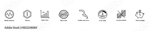 A crisis impact icon set with visuals for financial loss, volatility, risk alerts, and emergency signals.