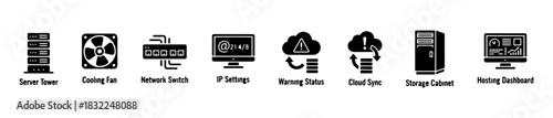 A hosting icon set with visuals for servers, cloud storage, bandwidth, and secure data management.