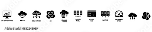 A hosting icon set with visuals for servers, cloud storage, bandwidth, and secure data management.