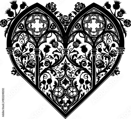 Elegant gothic heart design with floral accents, perfect for weddings, invitations, or romantic themes, timeless and intricate artwork created from vector graphics