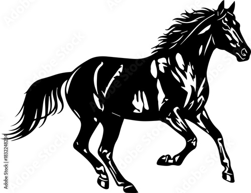 Majestic black horse galloping swiftly, embodying freedom, power, and grace in a dynamic pose perfect for branding, logos, or decorative elements