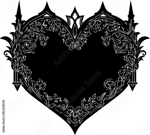 Ornate gothic heart emblem with intricate floral filigree, romantic and elegant design for invitations, tattoos, logos, and Valentine's Day projects
