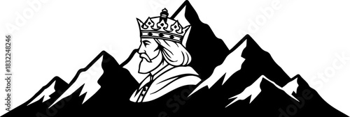 Majestic mountain crest featuring a regal king with crown, evoking strength and leadership in a timeless design, perfect for brands seeking distinction.