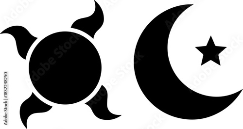 Dynamic sun and moon celestial pairing, creating a harmonious balance, symbolizing day and night, astral wonder, cosmic design, magical elements, sky beauty