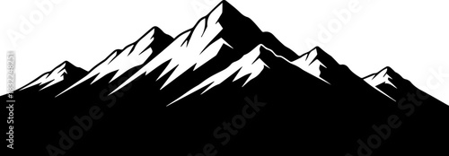 Striking black mountain range silhouette against white offers dramatic outdoor adventure vibe perfect for branding, logos, and nature-themed designs