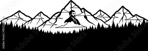 Inspiring mountain vista with a vintage portrait emerging from the clouds, perfect for adventure brands and motivational campaigns, originally a vector graphic