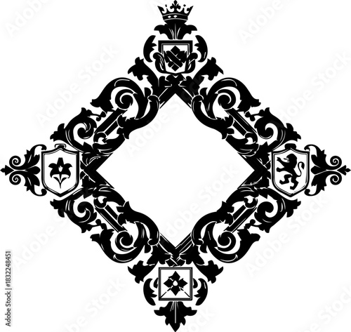 Elegant vintage diamond frame for invitations and monograms, royal heraldic design, perfect for upscale branding or refined decorative projects, antique charm