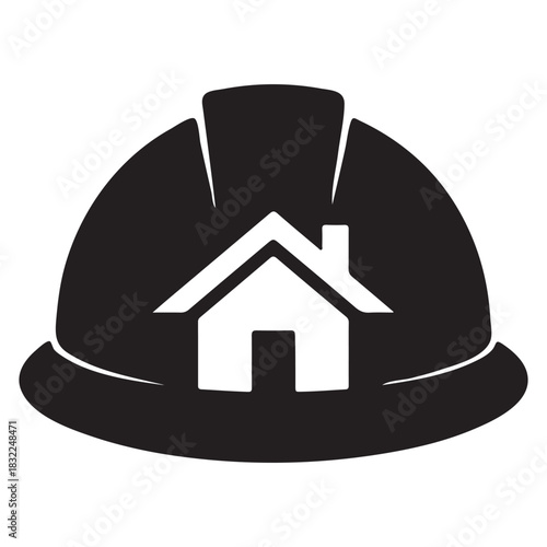 Black hard hat with white house icon on white background