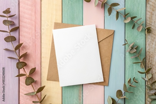 Blank Card Envelope Botanical Leaves Flat Lay Stationery Mockup