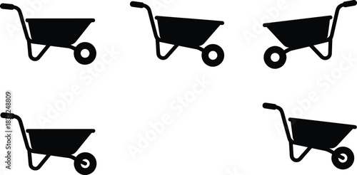 Set of Five Black Silhouette Wheelbarrows, Ideal for Gardening, Construction, Landscaping, and Yard Work Vector Icons or Home Improvement Graphics.
