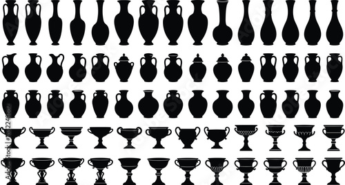 Extensive Collection of Black Silhouette Ancient Greek and Roman Amphorae, Vases, Urns, and Cups, Ideal for History, Mythology, and Antique Design Projects.