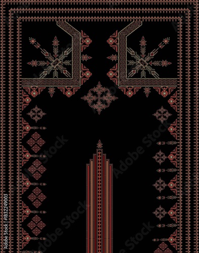 Detailed embroidery pattern with geometric shapes and symmetrical design on black background
