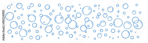Soap bubbles doodle border. Water foam fizz and sparkle illustration on transparent background