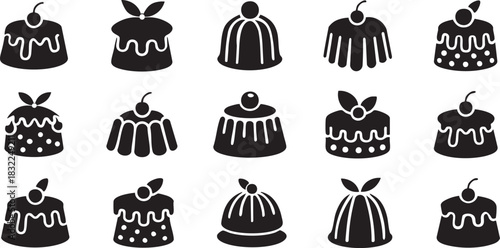 Collection of Black and White Pudding and Cake Icons with Toppings dessert sweet