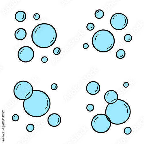 Soap bubbles doodle set. Blue water foam and sparkle hand drawn illustration on transparent background