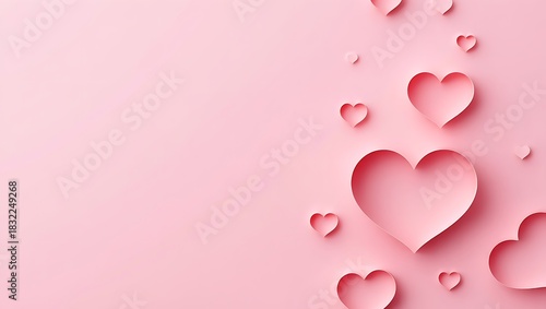 Pastel Pink Background with Floating 3D Paper Cut Hearts and Copy Space for Valentine's Day