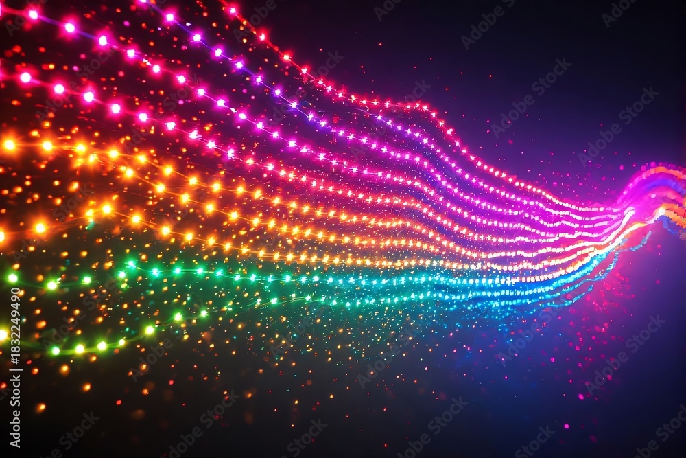 Fototapeta premium Abstract Rainbow Light Trails Effect Over Dark Background, Glowing Digital Art