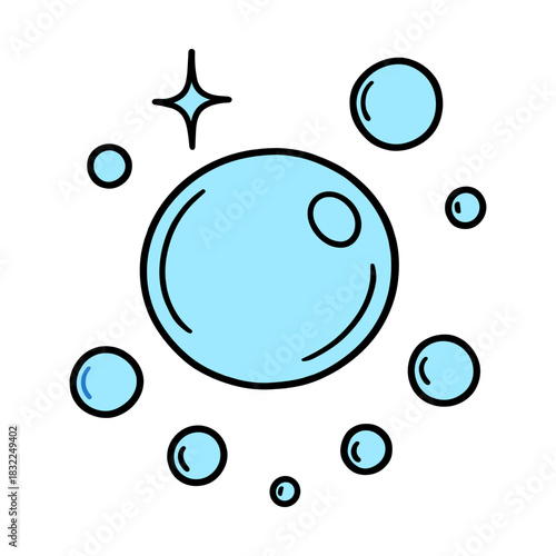 Soap bubble doodle icon. Blue water foam sparkle hand drawn illustration on transparent background