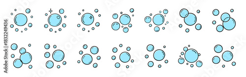 Soap bubbles doodle set. Water foam fizz and sparkle illustration on transparent background