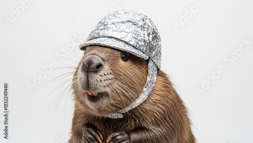 beaver wearing a tinfoil hat, paranoid, paranoia, on a white background, animal photo