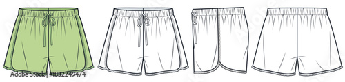 Drawstring Shorts Technical Fashion Illustration.  Short Pants fashion flat technical drawing template, lice trim, front, back and back view, white, green, women, men, unisex CAD mockup.