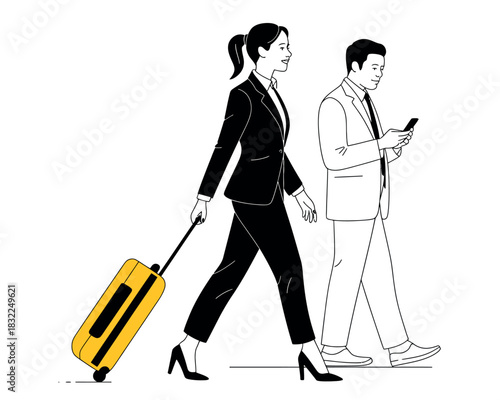 A woman in a suit pulls a yellow suitcase while a man in a suit looks at his phone, both walking