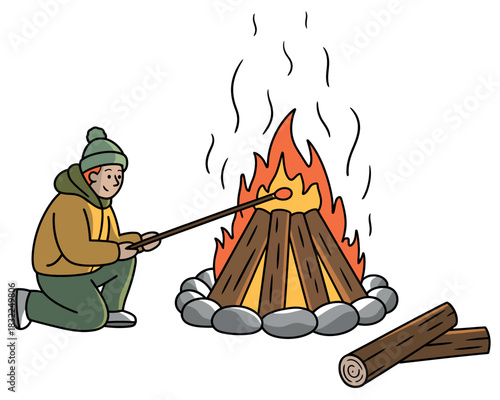 Person roasting a marshmallow over a campfire in a winter jacket and hat.