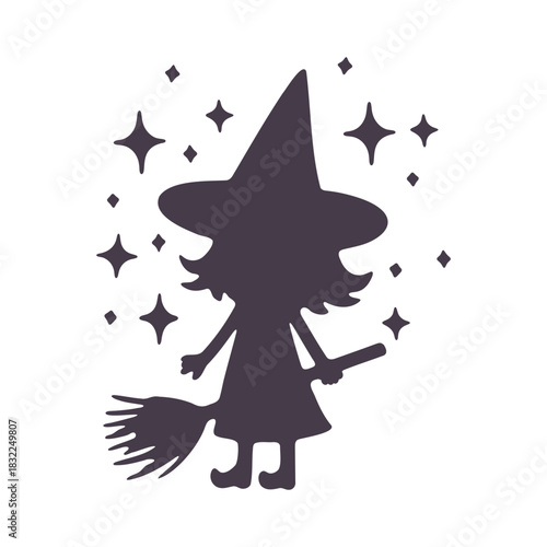 Silhouette of a witch with a broom surrounded by stars on a white background in a vector graphic