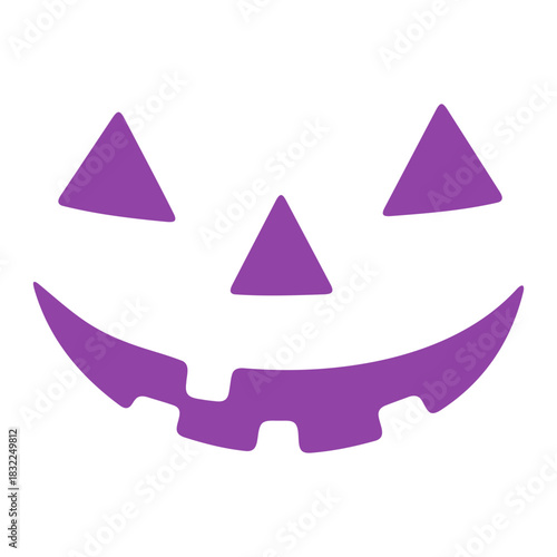 Illustration of a purple jack o lantern face with triangular eyes and a toothy grin on a white background