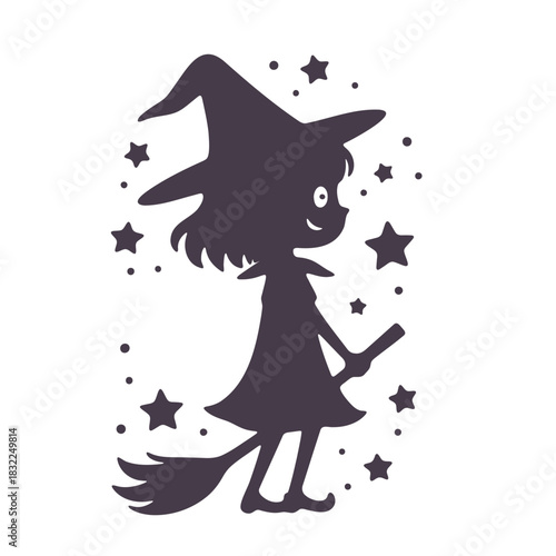 Silhouette of a cute witch wearing a hat and holding a broom surrounded by stars and small dots