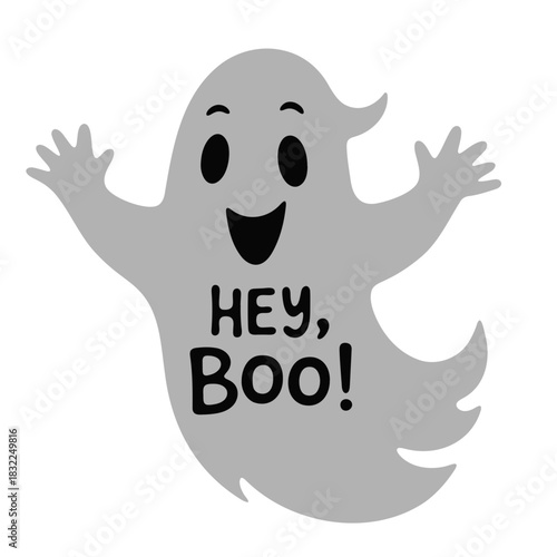 A cartoon ghost with a friendly face and the words hey boo on its body against a white background