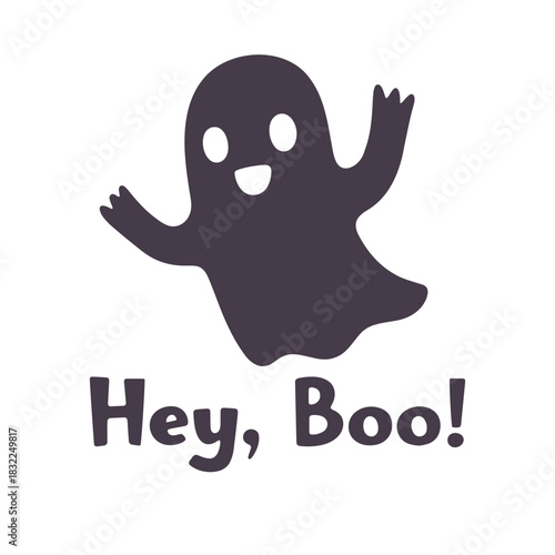Illustration of a cartoon ghost with its arms raised and the text hey boo below it on a white background