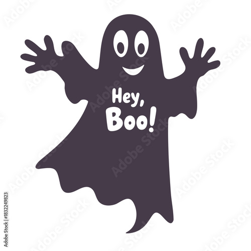 A whimsical halloween ghost with outstretched arms and the words hey boo on its chest design element