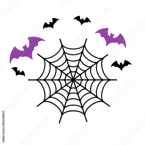 Illustration of a spiderweb with black and purple bats flying around for halloween decoration theme