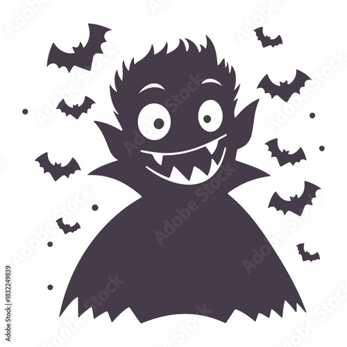 Silhouette of a cartoon vampire with large teeth surrounded by bats and small dots on a white background