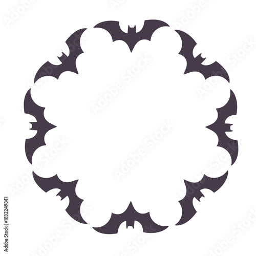 Circular frame made of black bat silhouettes arranged symmetrically on a white background, halloween theme