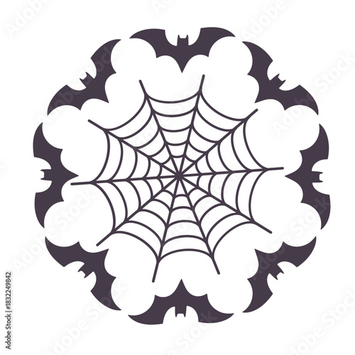 A circular arrangement of bats surrounding a spiderweb in a halloween themed design element illustration