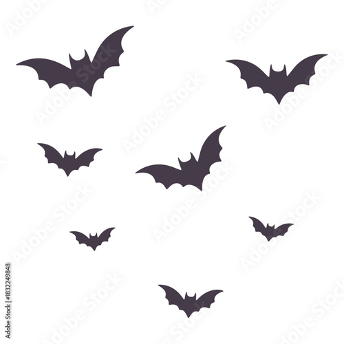 A collection of seven bat silhouettes scattered across a white background in various sizes and orientations