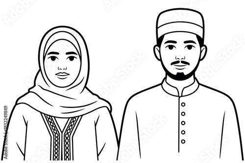 A Muslim couple is depicted wearing traditional attire for women and men.