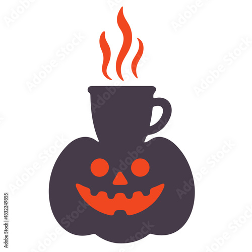 A pumpkin with a coffee cup on top and steam coming out of it for a halloween themed image design