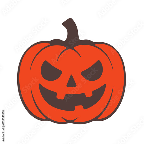An illustration of a jack o lantern with a menacing expression and a brown stem on a white background