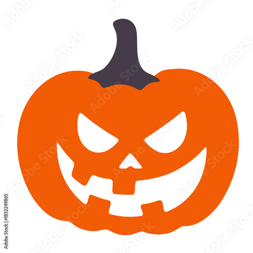 Illustration of a halloween pumpkin with a scary face and a dark stem on a white background