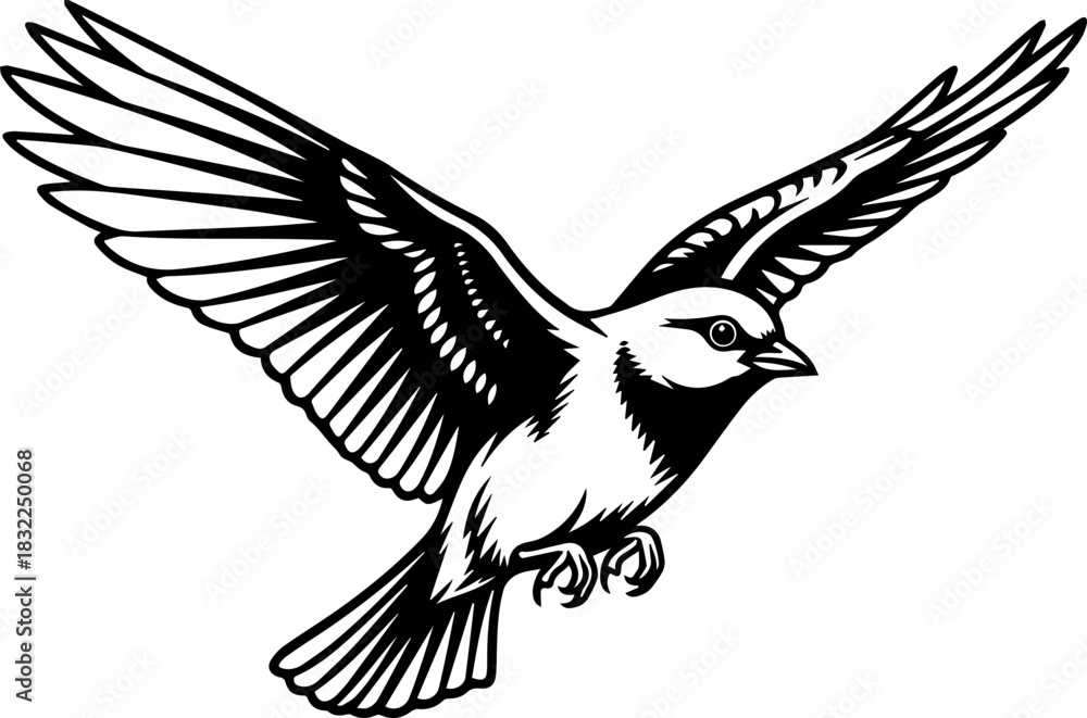Fototapeta premium Elegant flight of a songbird with outstretched wings, a symbol of freedom, grace, and nature's beauty. Perfect for designs needing a touch of serenity