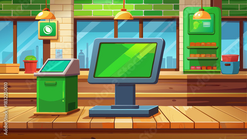 Chroma key POS system with a bright green screen placed on a wooden counter, viewed from the front in a softly blurred restaurant interior. Perfect for retail branding, product mockups, and displays