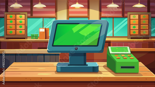 Front-view point-of-sale terminal featuring a vivid green chroma screen on a wooden countertop, with a defocused restaurant environment behind it. Ideal for advertising, UI display, or product