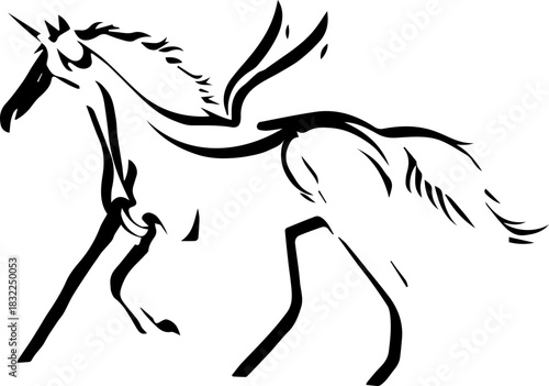 Majestic winged unicorn in dynamic stride, a symbol of fantasy and dreams, perfect for magical brands seeking an elegant, mythical feel, vector art style